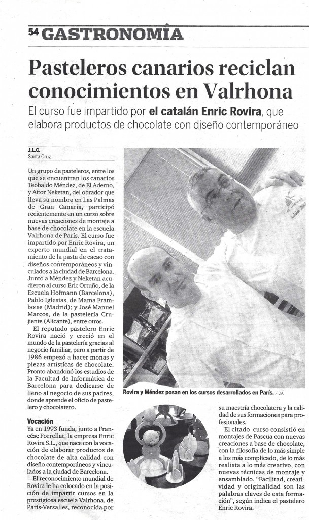 noticia en Diario de Avisos sobre la participacion canaria en el Curso del MAestro chocolatero Enric Rovira en París